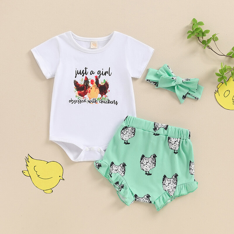 Baby Girls' Short Sleeve Chicken Print Romper, Shorts e Headband Set, roupas de fazenda, roupa de verão, 2024, 04, 09, 09