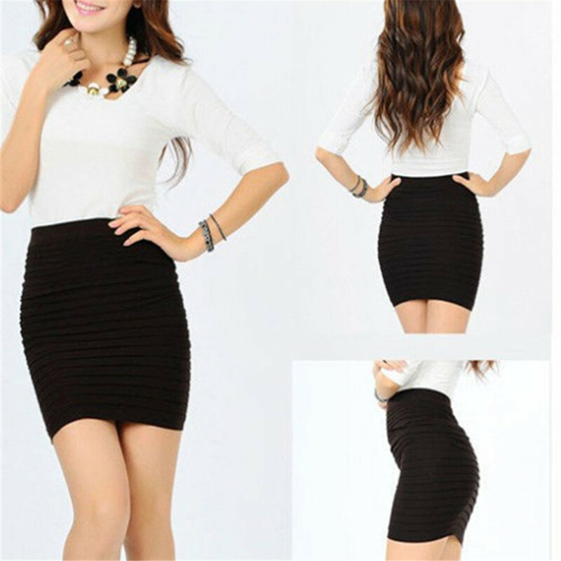 Summer Women High Waist Skirt Solid Color Elastic Pleated Skirt For Office Lady Draped Slim Mini Skirt Sexy Lady Pencil Skirts