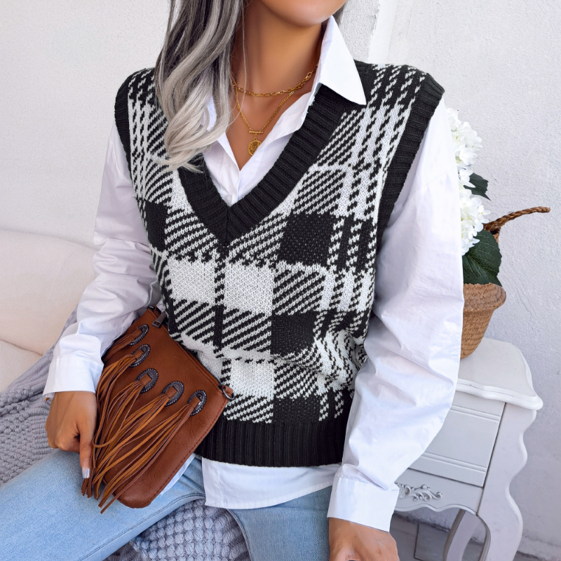 2022 New Women's Knitted Vest Ins Style Autumn and Winter Casual Contrast Plaid Knitted Vest Sweater Vest Fashion Women's Wear