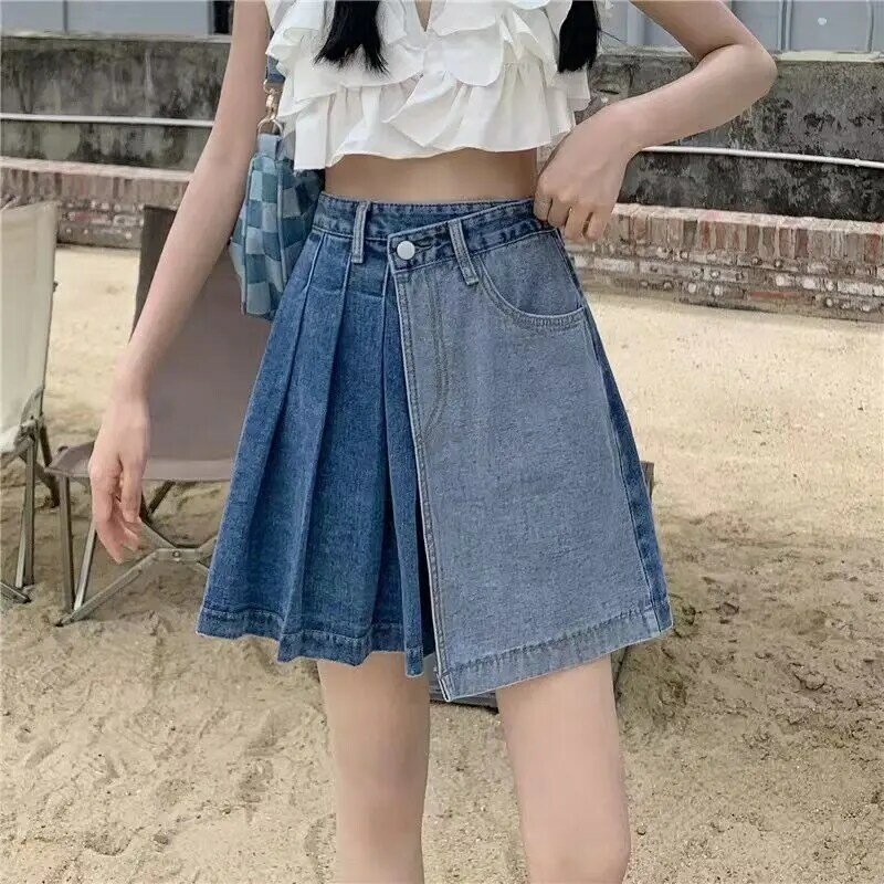 Женская джинсовая юбка с завышенной талией, плиссированная Свободная юбка составного кроя в Корейском стиле