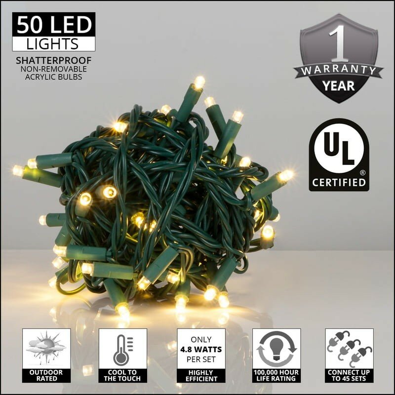 Luces Led blancas cálidas de 5mm, cadena de Luces Led, 50 Luces, cable verde, 25 pies (juego de paredes), Luces Decorativas Luci Natale ESTÉREO