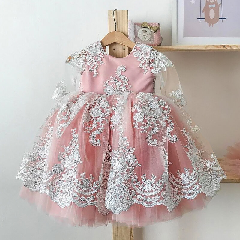 Baby 1st Birthday Baptism Dress Embroidered Lace Elegant Toddler Kids Princess Wedding Party Gown V-Back Bow Children Clothing