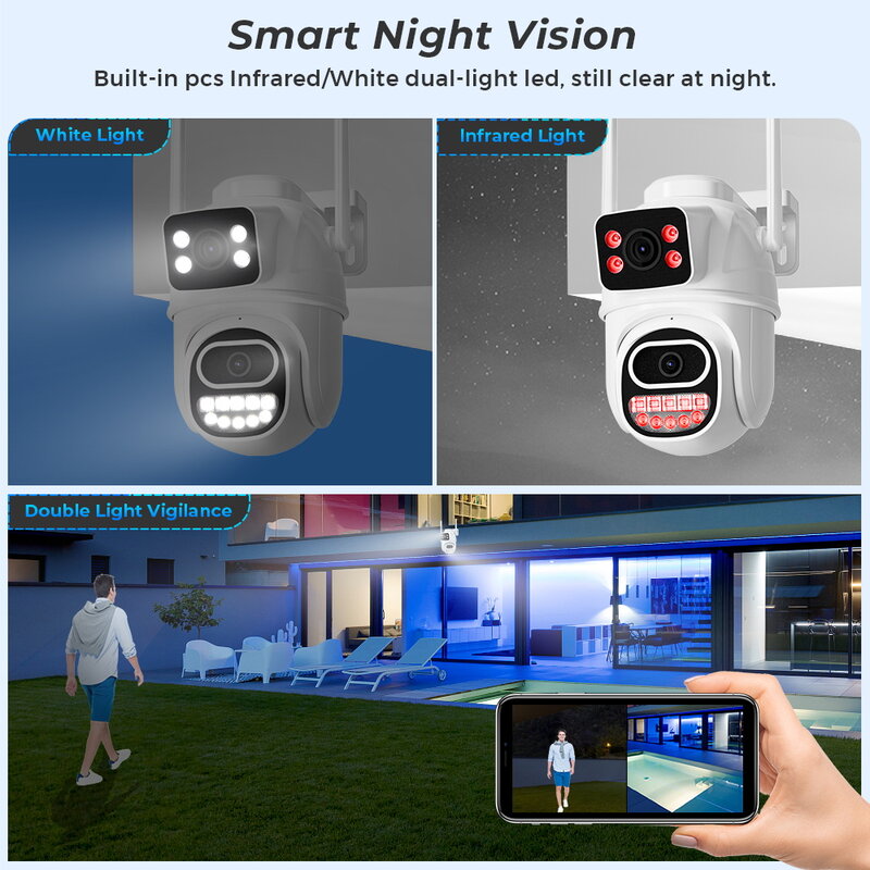 Câmera de vigilância de segurança impermeável ao ar livre, lente dupla, PTZ, cor IR, visão noturna, casa inteligente, IP, 8MP, 4K