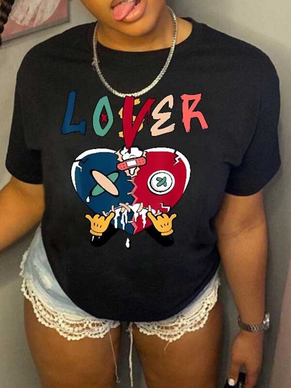 LW Cartoon Lover Letter Print T-shirt summer short sleeve Women T-shirt Loose Crewneck Tops Street Casual Tee Top