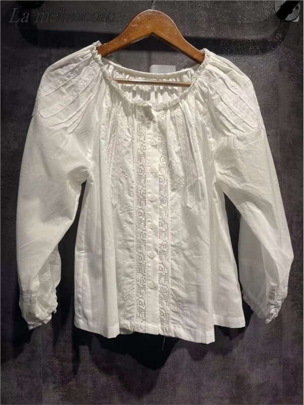 Camisa blanca con agujeros para mujer, blusa holgada de algodón con manga de burbuja bordada, elegante, a la moda, para verano, 2024