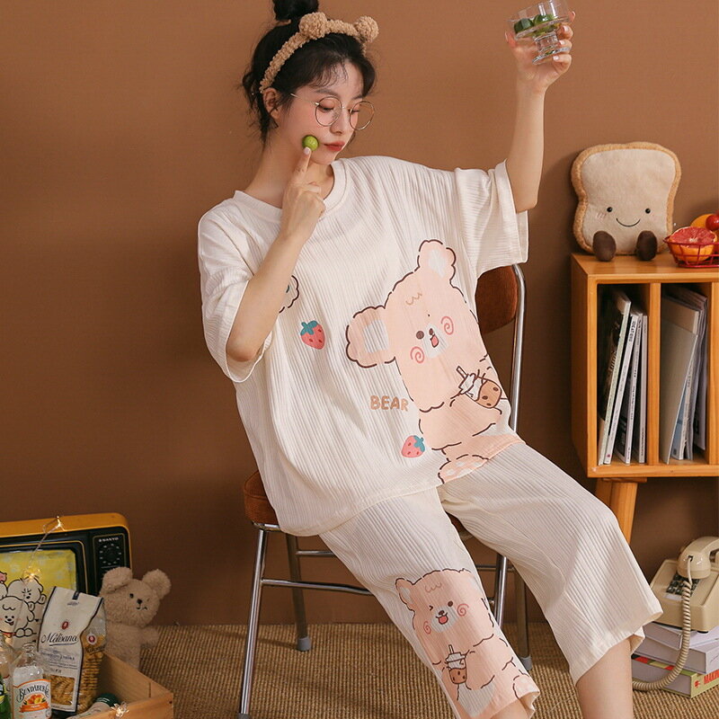 Conjuntos De Pijamas De Algodão Para Mulheres, Pijamas Dos Desenhos Animados, Terno De Manga Curta e Calças, Pijamas, Homewear, Loungewear