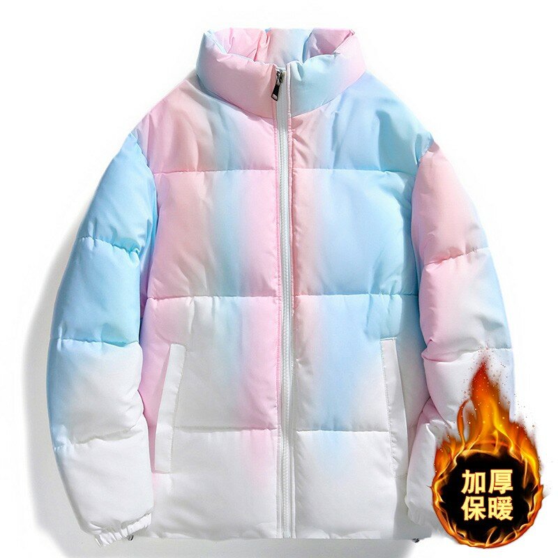 New Winter Men's Standing Collar Light Cotton Coat Korean Fashion Large Warm Thick Coat Gradient Fashion Tops
