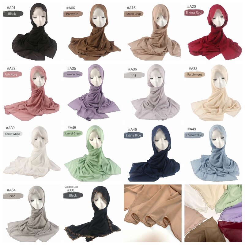 Moslim Vrouwen Sulam Hijab Sjaal Geborduurde Schulp Hoofddoek Premium Zware Chiffon Sjaal Borduren Edge Sjaals Hijab Sjaal