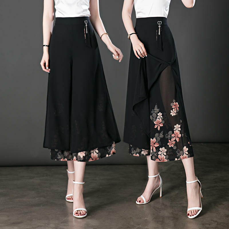 2024 New Chiffon Straight Black Summer Vintage Patchwork High Waist Wide Leg Pants Ladies Trend Solid Color Odzież damska