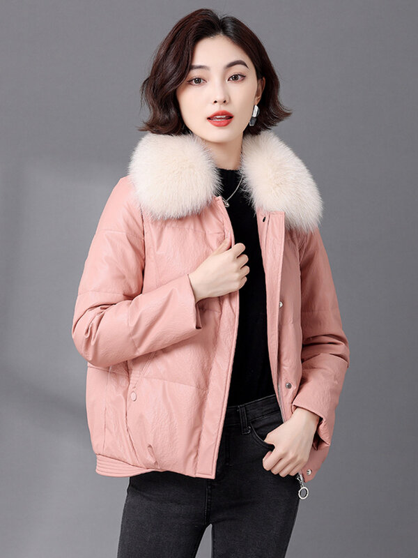 New Women Winter Leather Down Jacket Fashion Warm Real Mink Fur Collar Sheepskin Down Coat Casual Loose Thick Coat Split Leather