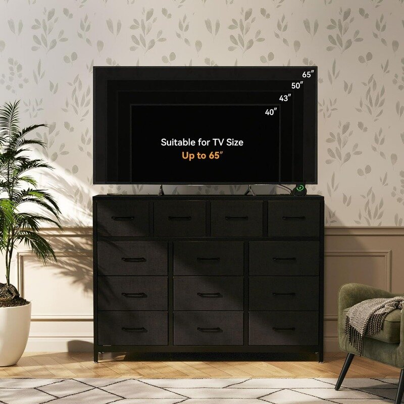 Long TV Stand with 3 Outlets and 2 USB Charging Ports, 57'' Wide TV Stand with 13 Large Drawers, Fabric TV Stand