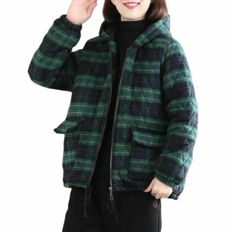 Mantel katun wanita, jaket katun Parka berkerudung kasual hangat kotak-kotak musim gugur musim dingin tebal baru 2023