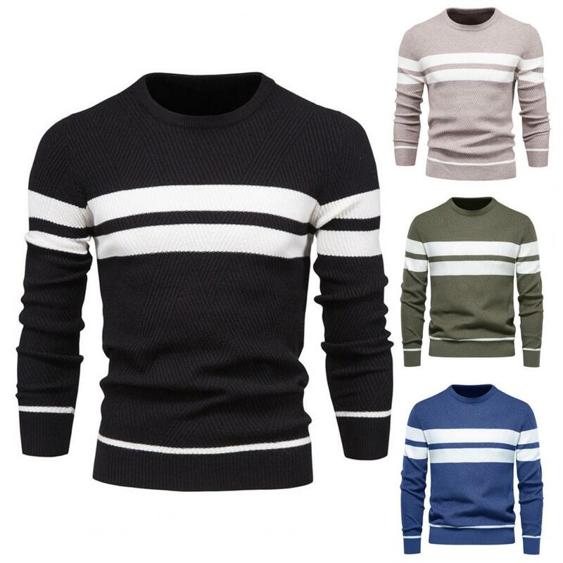Nowy modny w stylu Casual, w paski sweter w kontrastowym kolorze z okrągłym dekoltem męski sweter w europejskim rozmiarze o wysokiej elastyczności Slim-Fit