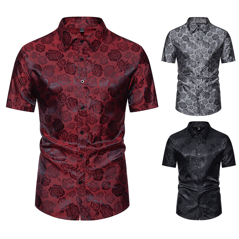 Camisas florales de Jacquard para hombre, ropa de moda de manga corta, vestido con estampado de rosas, camisa con botones, Tops de verano, 2024
