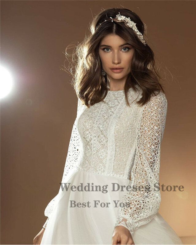 Vestido de novia Vintage bohemio, manga larga abullonada, tul de encaje, línea A, elegante, hasta el suelo, marfil, blanco, 2023