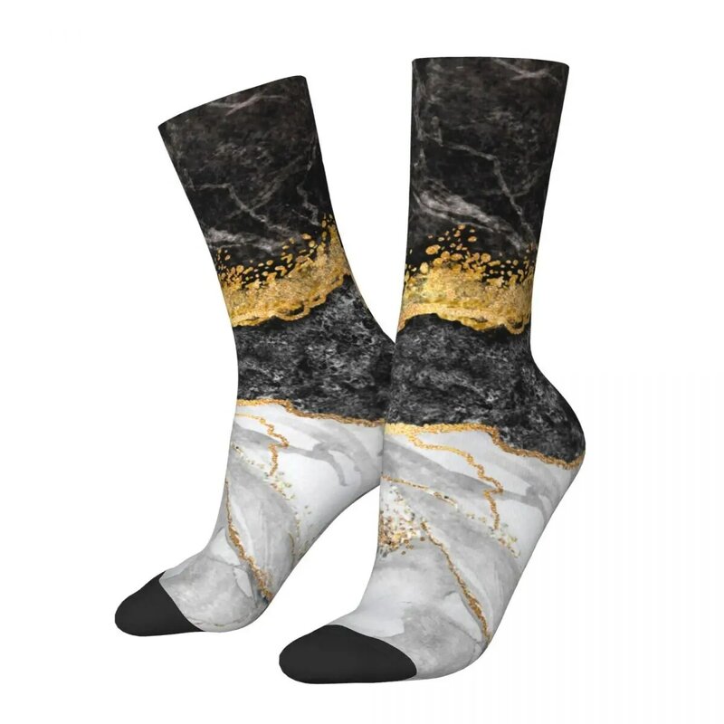 Novas meias masculinas casuais de mármore preto com ouro bonito meias de poliéster esporte feminino meias primavera verão outono inverno