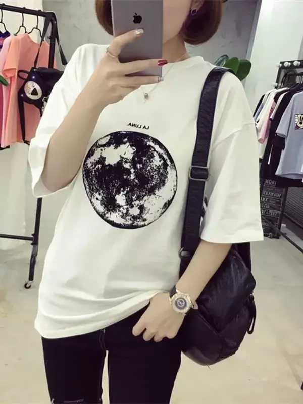 Slim Fit Casual Short Sleeved White T-shirt Women Top M-XXLChic Summer New Women's Personality Planet Moon Printed Loose T-shirt