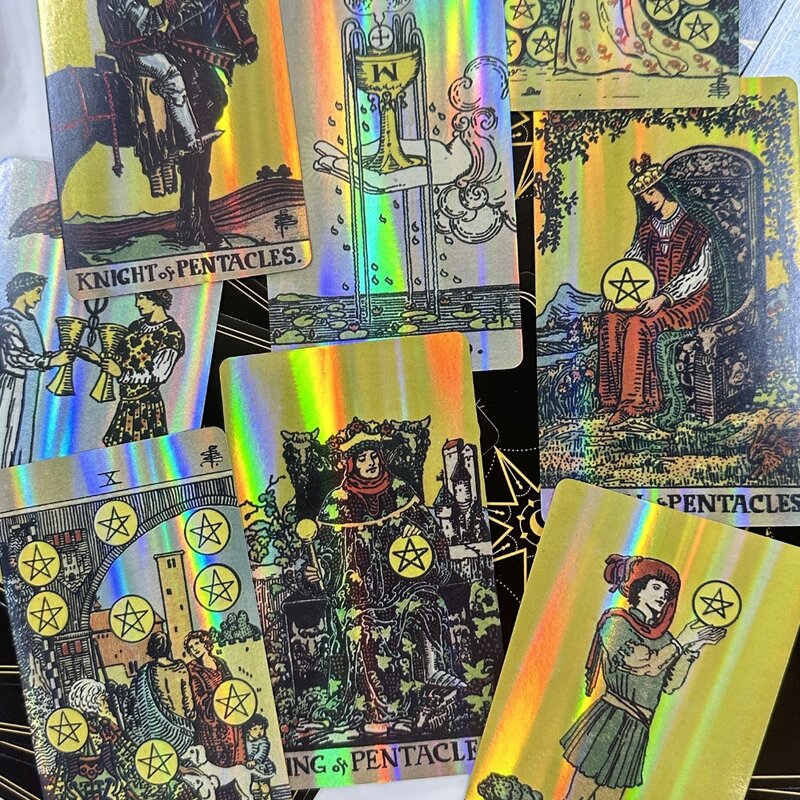 12*7cm Holographic A.E. Tarot Deck In Sliding Rigid Gift Box 78 Pcs Tarot Cards with Guidebook and Drawstring Pouch