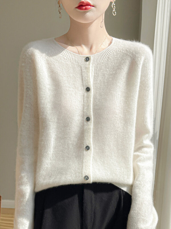 ADDONEE 여성용 O넥 가디건 100% 메리노 울 니트 스웨터, 긴팔 기본 캐주얼 의류, 한국 인기 상의, 새로운 패션