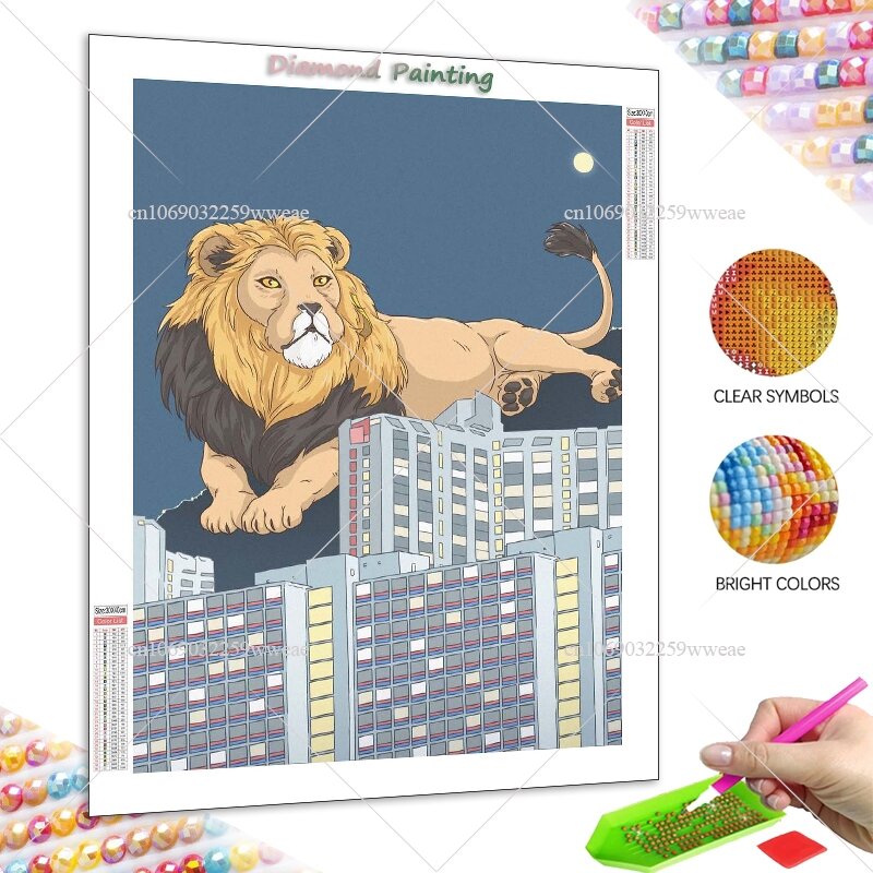 5D DIY Colorful Diamond Painting Cartoon Animal In City Embroidered Cute Animal Print Mosaic Art Kids Room Wall Decoration Gift
