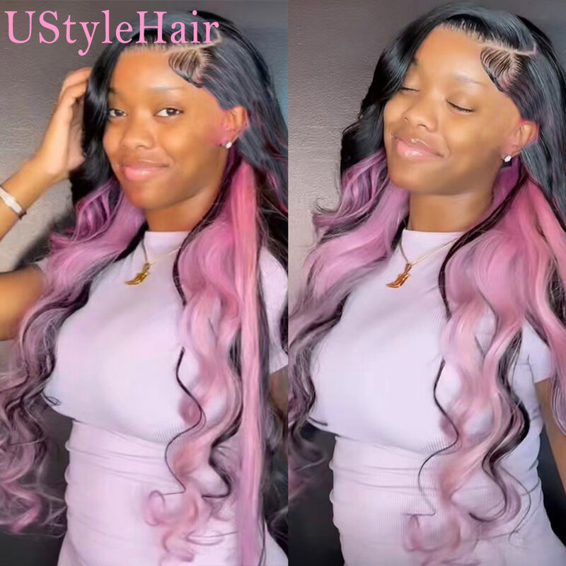 UStyleHair-perucas sintéticas frente do laço para mulheres, preto, rosa destaques, peruca de onda do corpo, linha fina natural, resistente ao calor
