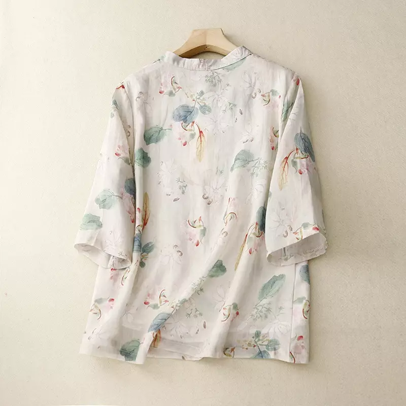 Camisas Vintage estampadas para mujer, blusas de estilo chino, Tops sueltos de manga corta, ropa de lino y algodón para verano