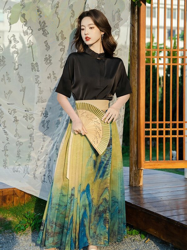 여성용 우아한 전통 중국 한푸 요정 드레스, 모던 블랙 셔츠, 그린 프린트 말 얼굴 스커트, 2 개, 여름 신상