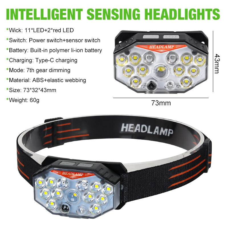 USB Sensor recarregável LED farol, poderoso portátil cabeça lanterna, built-in bateria, acampamento ao ar livre, lanterna de pesca