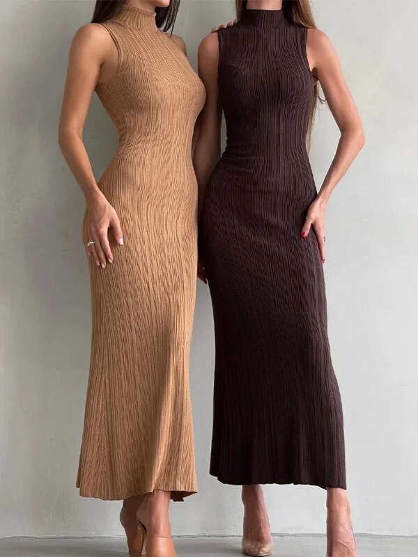 Женское трикотажное пляжное платье без рукавов, коричневое элегантное облегающее платье в рубчик, лето 2024