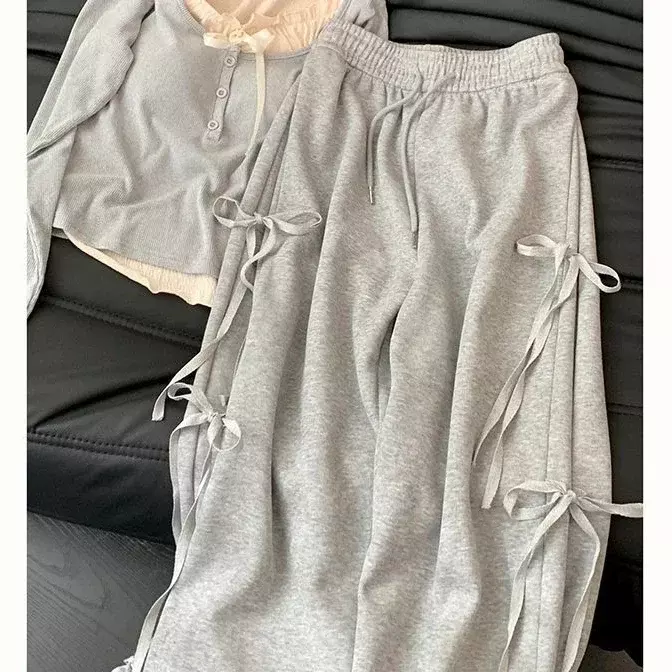 Conjunto de dos piezas de pantalones de pierna ancha para mujer, Pantalón ajustado de cintura alta con diseño de lazo, informal, versátil, color gris, primavera y otoño, 2024