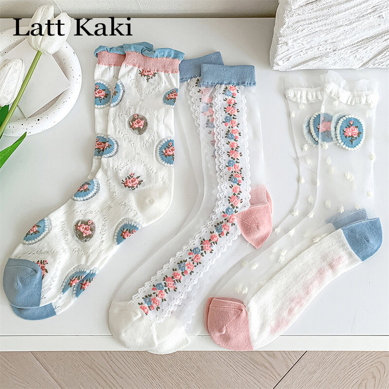 Kaus kaki bunga segar wanita isi 3 pasang Per Lot, Kaos Kaki Fashion baru tembus udara kasual motif bunga manis tipis transparan untuk perempuan isi 3 pasang