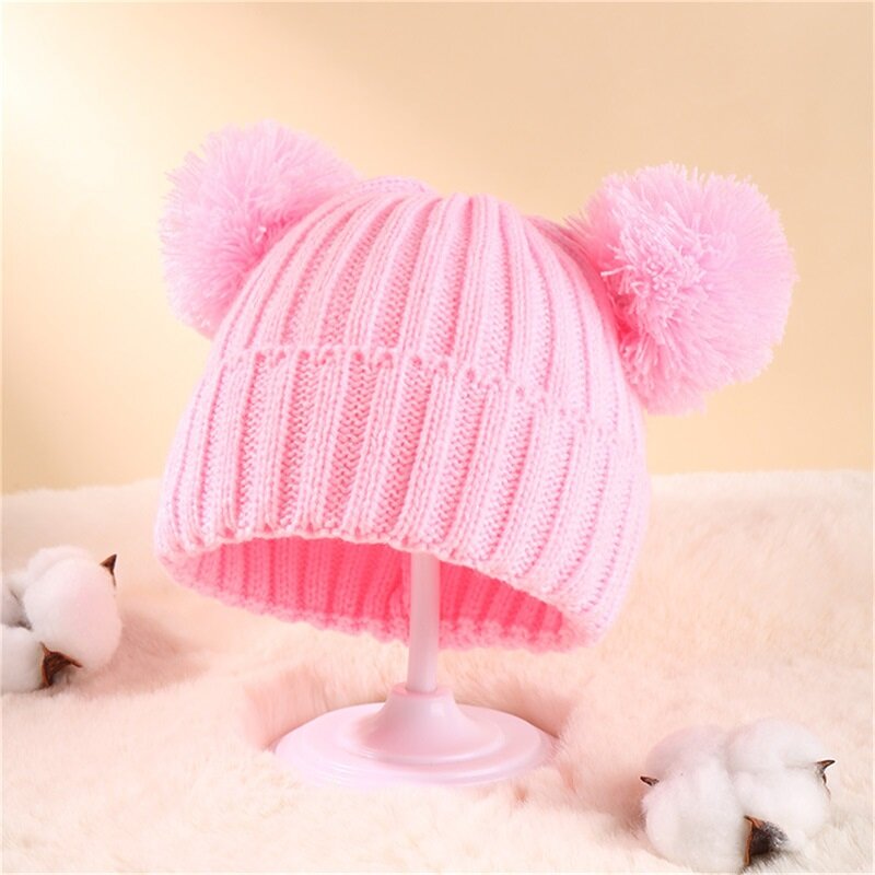 Bmnmsl Baby Girls Boys Beanie Solid Color Double Bobbles Fall Winter Warm Cap Toddlers Beanie Knit Hat