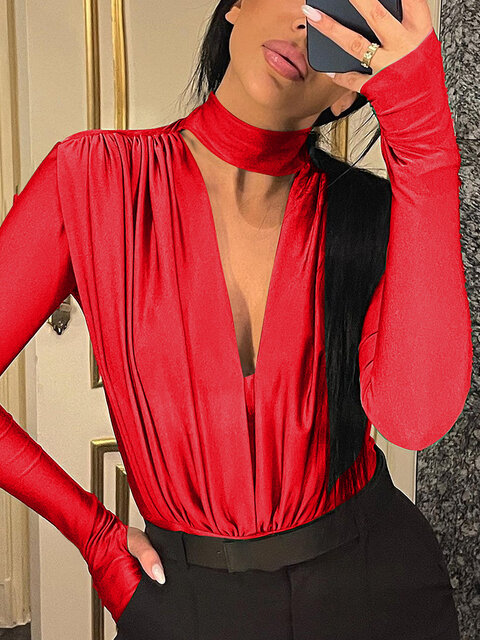 Long Sleeve Solid Women Fashion Casual Streetwear Sport Y2K Draped Buttons Sexy Slim Bodysuit 2023 Winter Deep V Neck