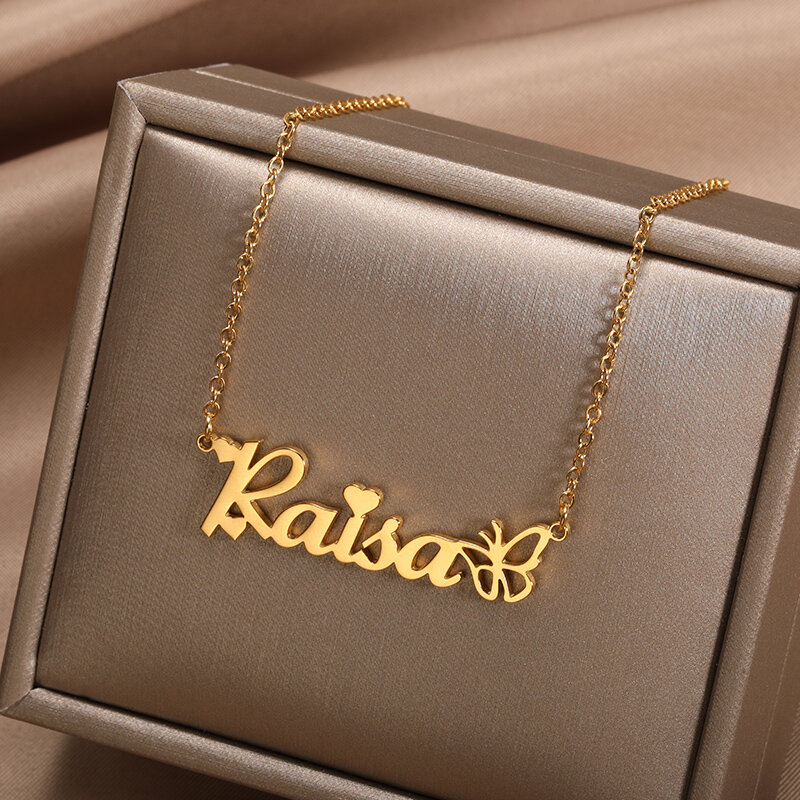 Personalizado borboleta nome personalizado colar para as mulheres coroa de aço inoxidável pingente de placa de identificação de presente da jóia bijoux bff