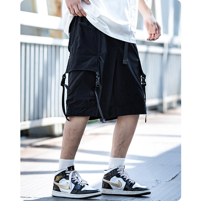 Pantalones cortos rectos con múltiples bolsillos Unisex, ropa funcional para hombre, Sudadera con capucha estilo hip hop de gran tamaño Harajuku de verano