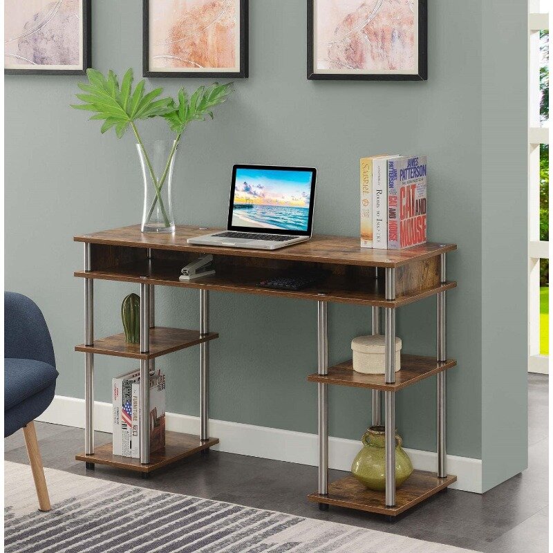 No Tools Student Contemporary Office Desk and Vanity with Shelves, 47.25" L x 15.75" W x 30" H, Barnwood
