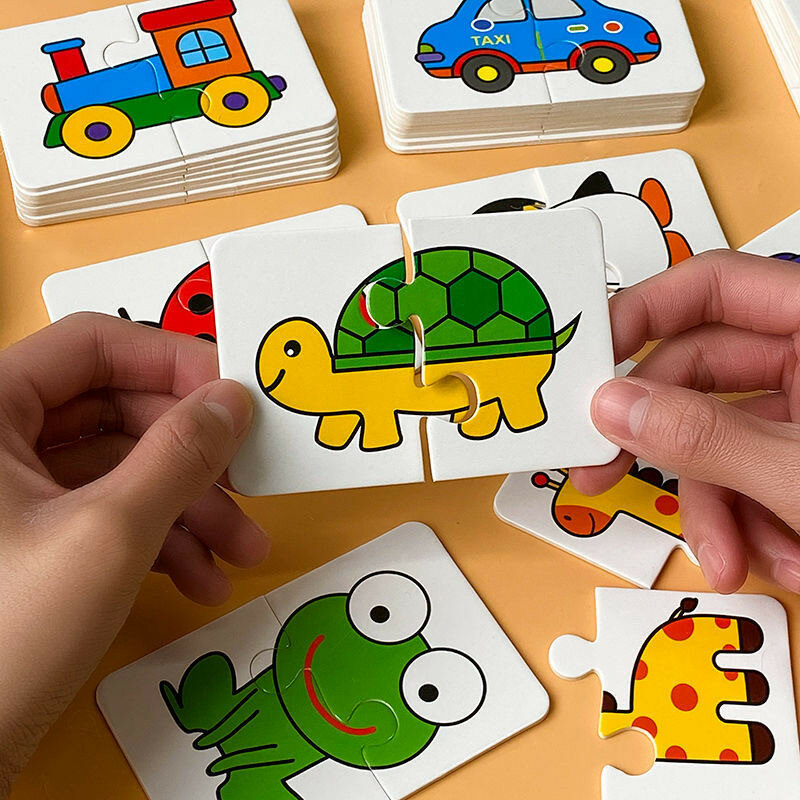Kartu cocok balita, 32 buah mainan Puzzle pendidikan montesori awal, bentuk hewan kartun, hadiah latihan kognitif