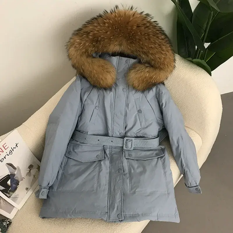 Jaqueta de pato com capuz para mulheres, raposa real, gola de pele de guaxinim, casaco grosso quente, casacos de luxo, feminino, inverno, 2023