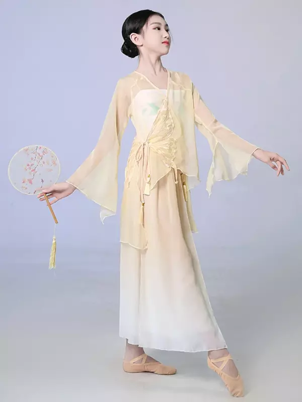 여아용 클래식 댄스 의상, 플로팅 쉬폰 사리, 중국 댄스 연습복, 여아 민족 선풍기 댄스 공연 코스튬