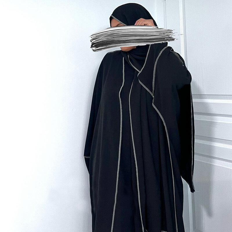 ชุดอาบายาสามชิ้นพร้อมผ้าฮิญาบชุดสตรีมุสลิมเดรสผ้าเครปแจ๊สชุดเดรสแขนกุด
