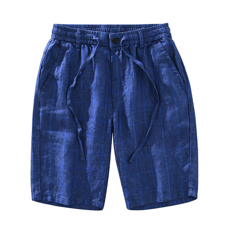 Pantalones cortos a cuadros para hombre, Shorts informales de lino puro con cintura elástica y botones, novedad de verano 2024