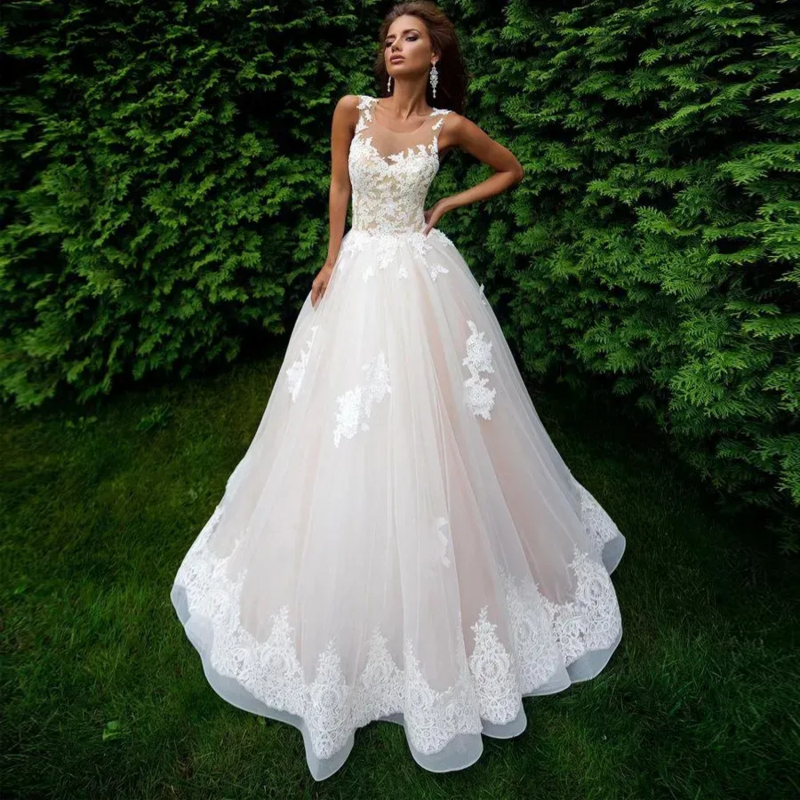 Sexy Sheer Collar Lace Wedding Dresses with Embroid Applique Bridal Gowns Sweep Train A-Line Vestido De Noiva Robe De Mariage