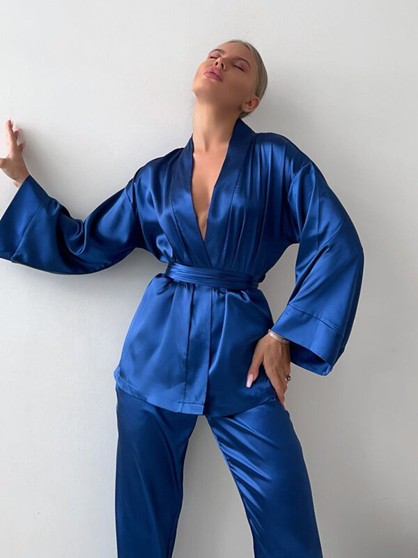 Martha qiqi Mode weibliche Nachtwäsche Anzüge sexy V-Ausschnitt Nachtwäsche Schnür Pyjama Langarm Nachthemden Hosen Herbst Home Kleidung