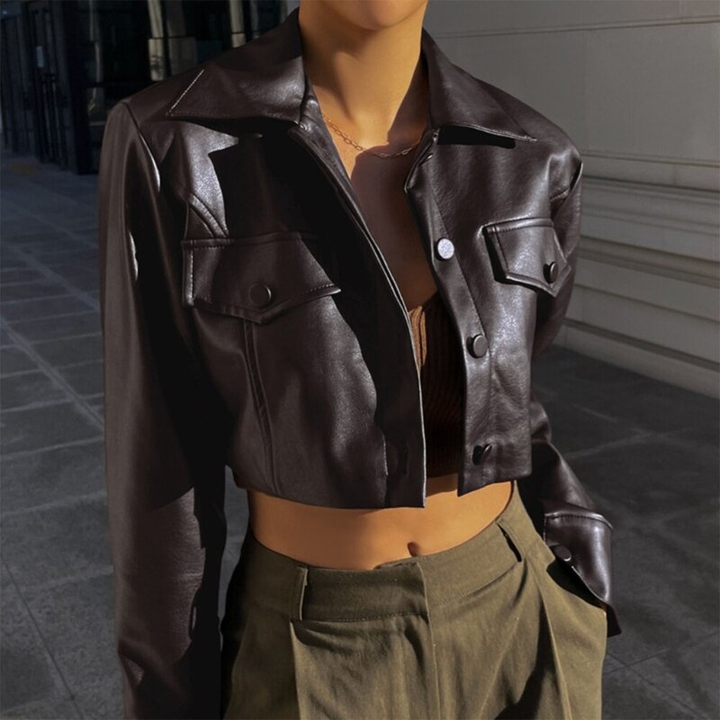 Женские куртки из искусственной кожи, мотоциклетные короткие куртки из искусственной кожи на пуговицах, байкерская верхняя 066C