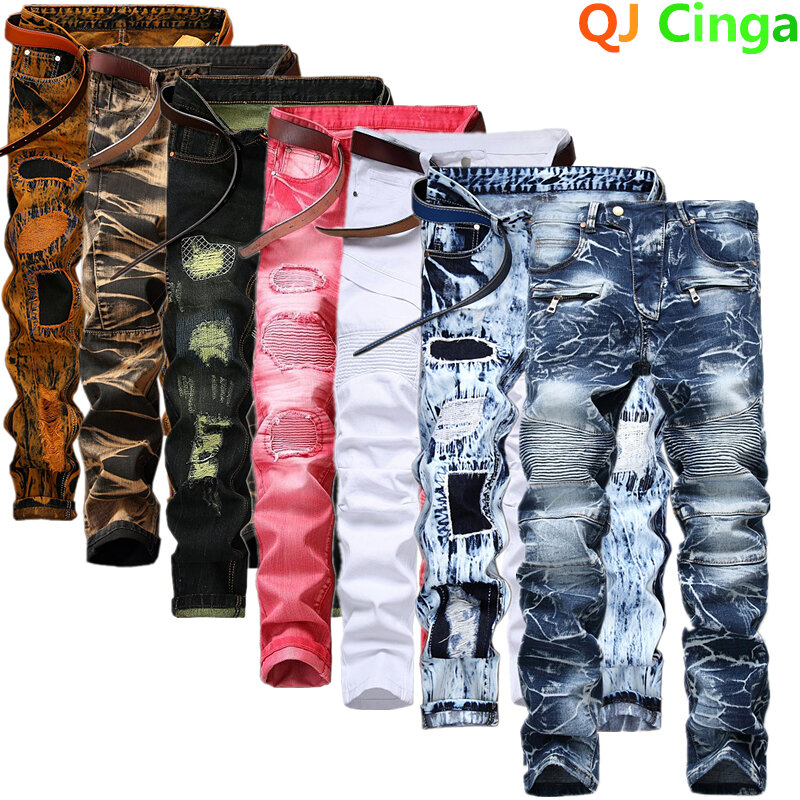 Pantalones vaqueros de motocicleta para hombre, Jeans con agujeros plisados, decorativos, informales, azul, blanco, rojo, verde, amarillo, 2022