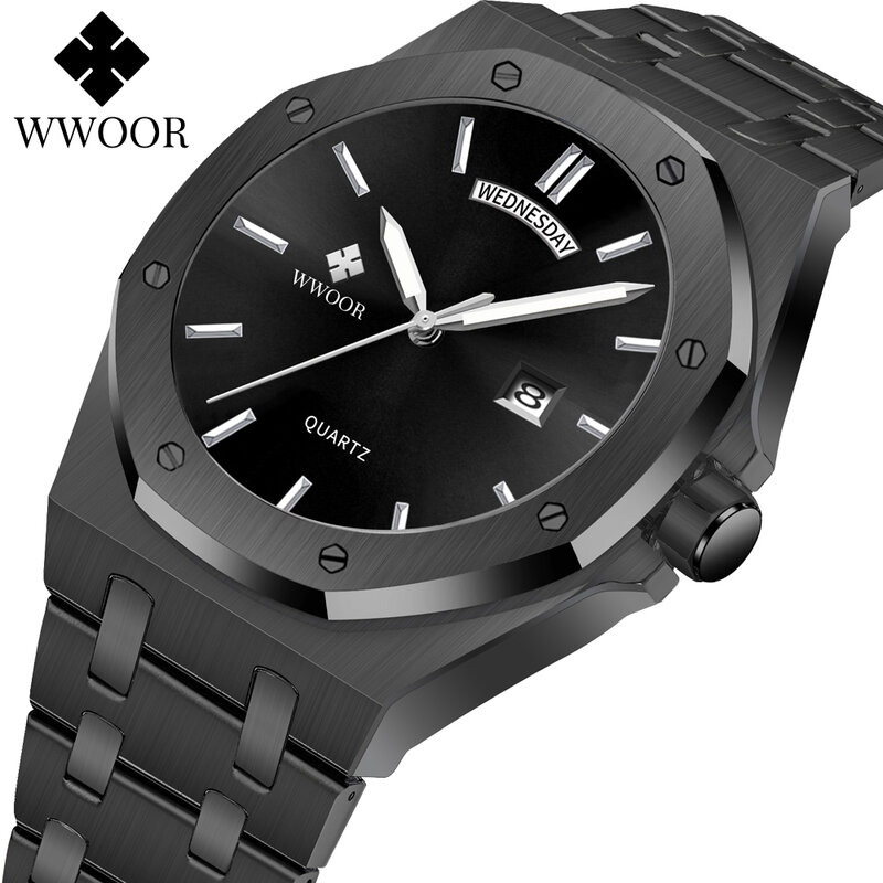 WWOOR-Relógio de pulso quartzo impermeável masculino, relógios esportivos, Top Brand, Luxo, Militares, Semana, Data, Nova Moda