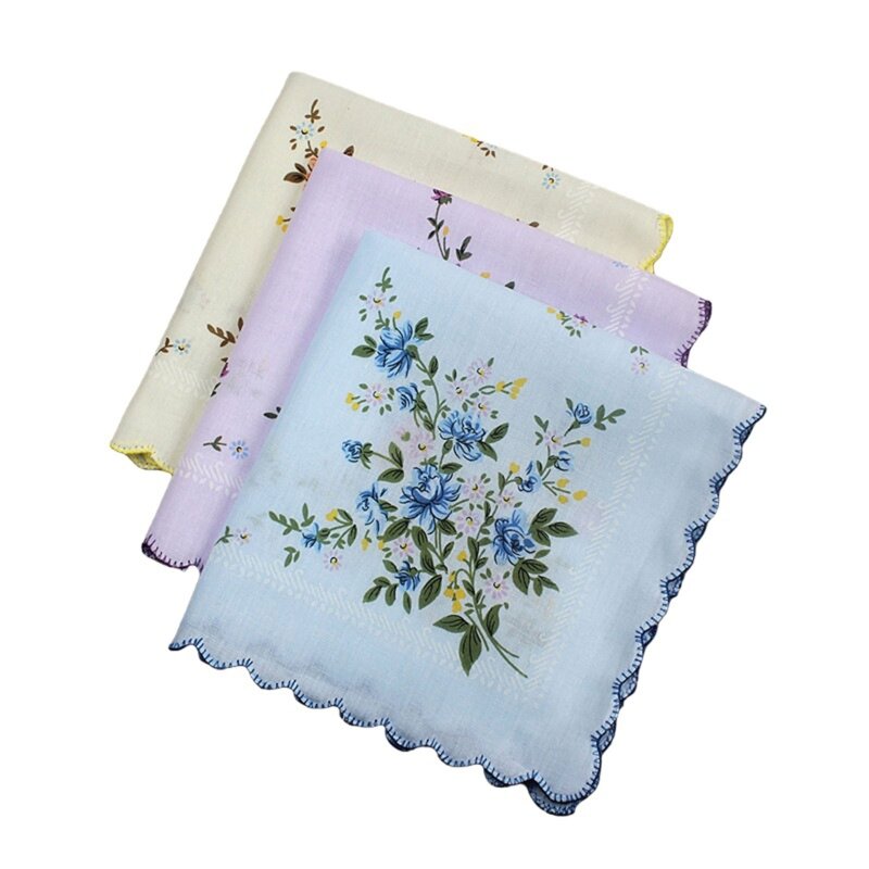3x Vintage-Taschentücher aus Baumwolle mit Blumendruck, sortiert, für Damen, Taschentücher, quadratisches Einstecktuch, für und