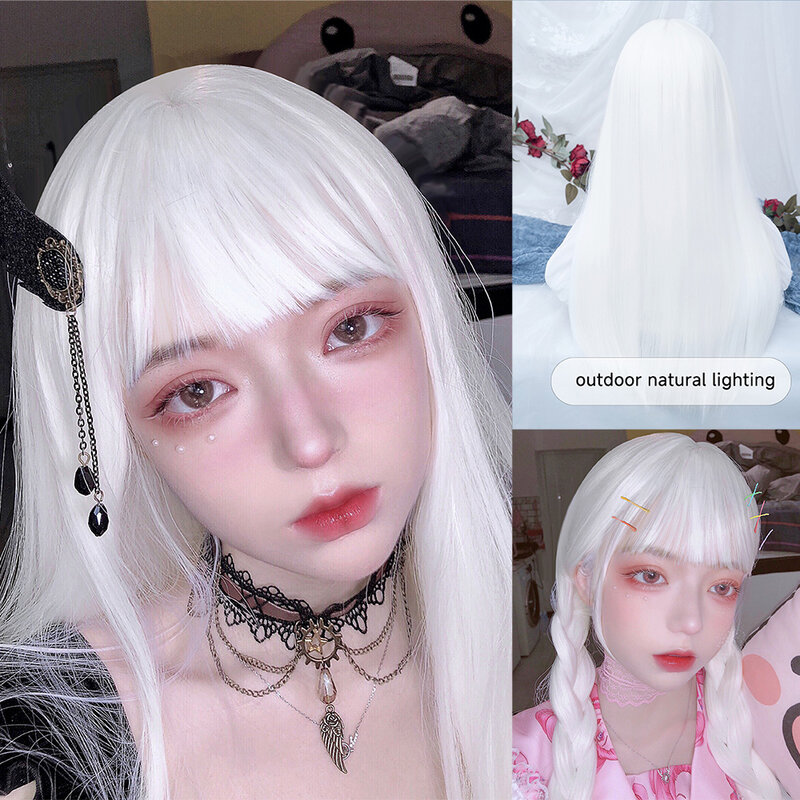 26Inch Pure White Gothic Style Lolita Synthetic Wigs With Bang Long Natural Straight Hair Wig for Women Hime Cut Heat Resistant