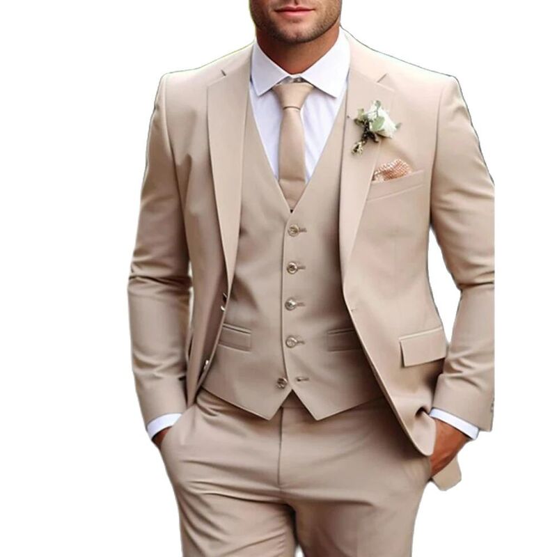 Setelan pernikahan Khaki buatan khusus untuk pria terbaik Slim Fit pesta Prom pria jaket tuksedo pria rompi celana 3 potong kostum Homme