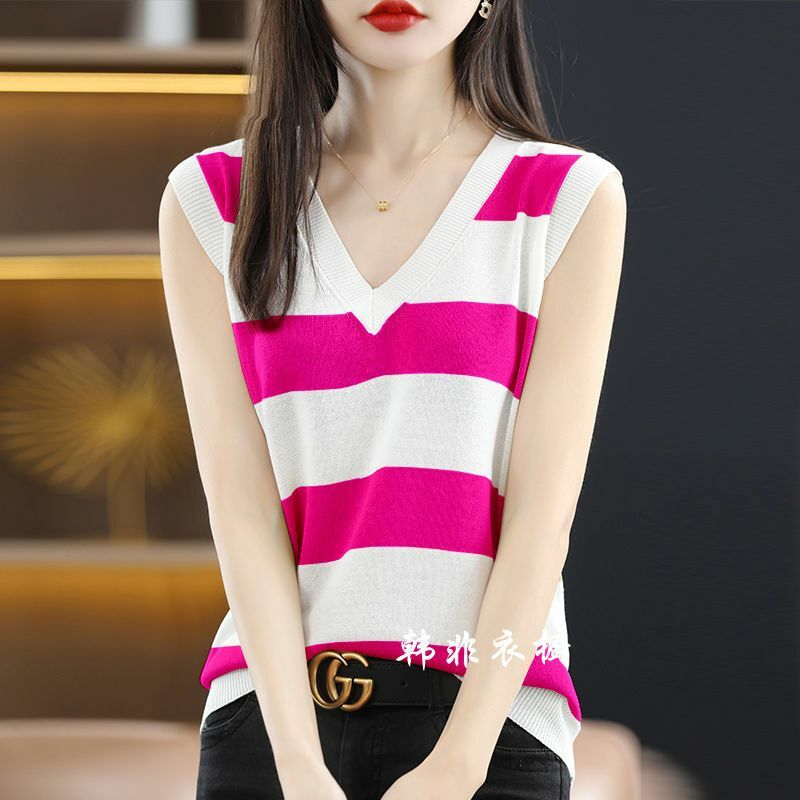 Striped Ice Silk Loose Knitting Tanks Summer New Sleeveless V Neck All-match Thin Tops Tees Vintage Fashion Women Clothing